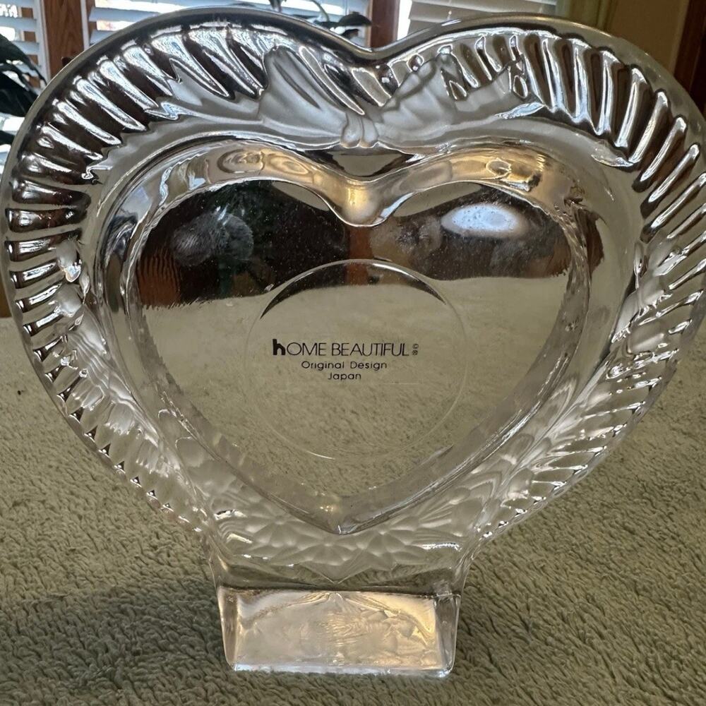 Vintage Home Beautiful Japan Crystal Heart Bowl Frosted Glass Flora